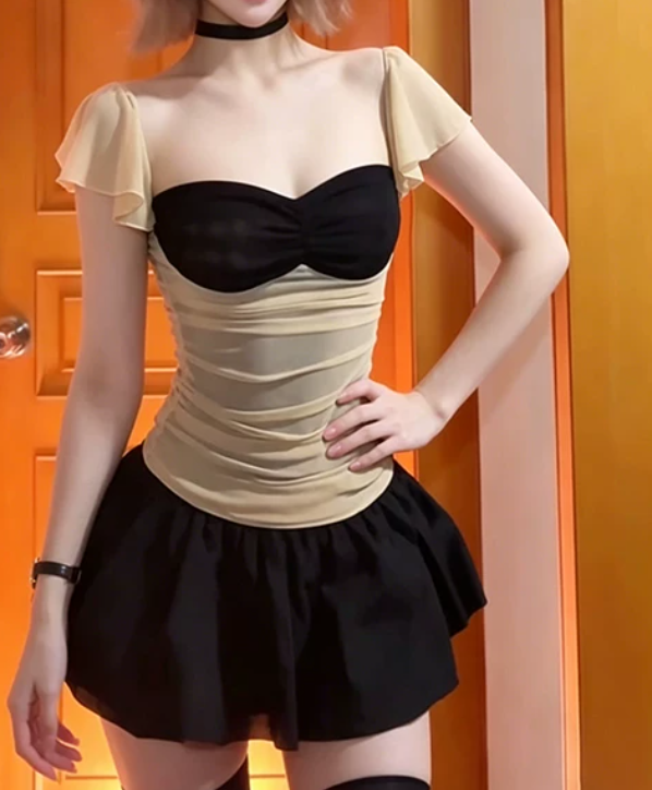 Trendy Square Neck Mini Dress Black & Beige A-Line Short Dress D0224
