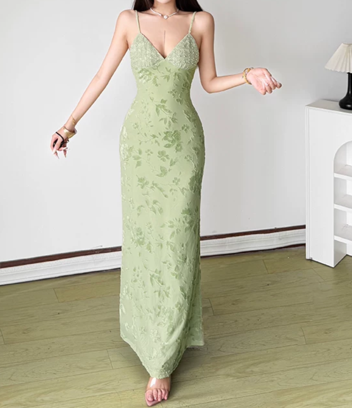 Charming Spaghetti Straps Prom Dress Green Beads Jacquard Mermaid Evening Dress D0226