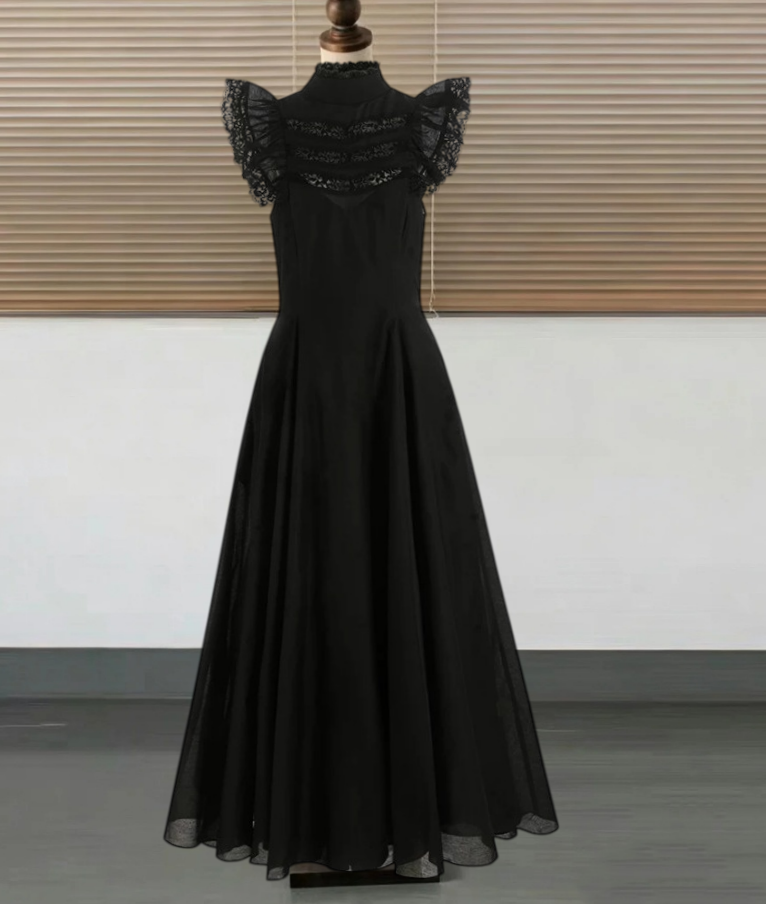 Gothic High Collar Sleeveless Prom Dress Black Lace A-Line Evening Dress D0234