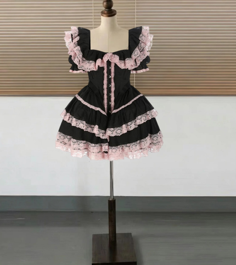 Cute Off-Shoulder Black Homecoming Dress Pink Lace A-Line Birthday Dress D0239