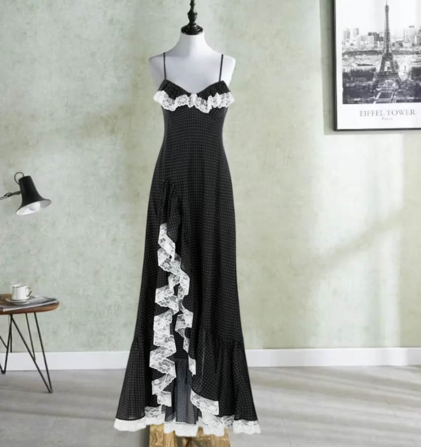 Vintage Spaghetti Straps Prom Dress Black Ruffles Lace A-Line Evening Dress D0259
