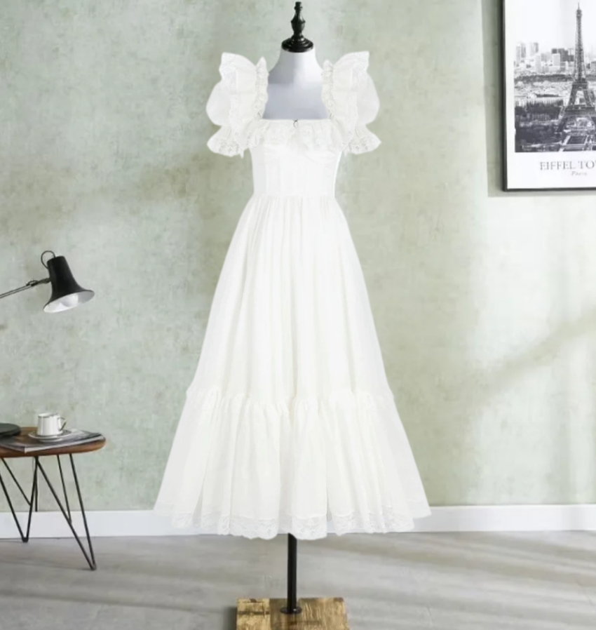 Graceful Square Neck Prom Dress White Ruffles Lace A-Line Evening Dress D0264