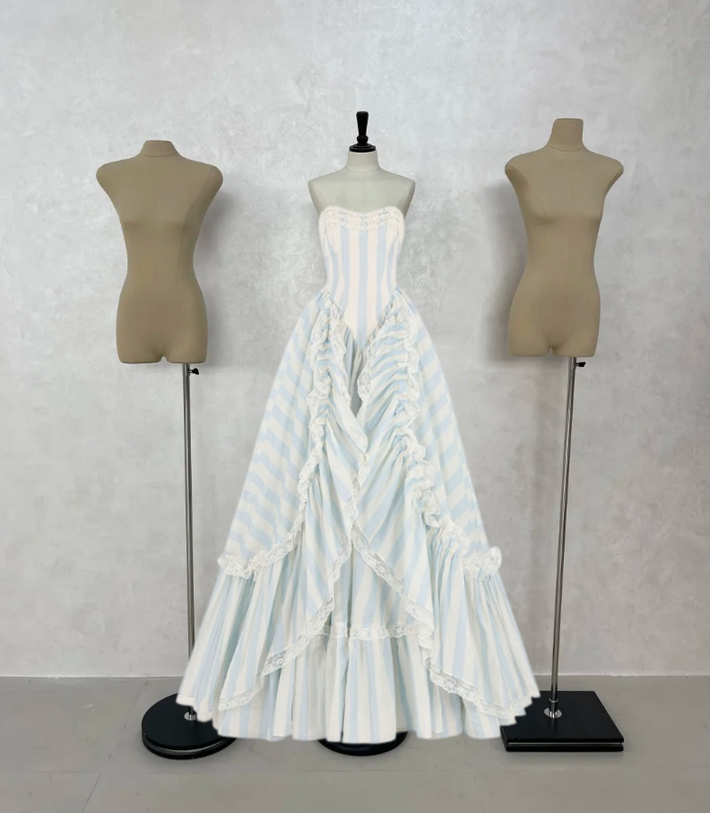 Sweet Strapless Prom Dress Blue & White Stripes A-Line Evening Dress D0305