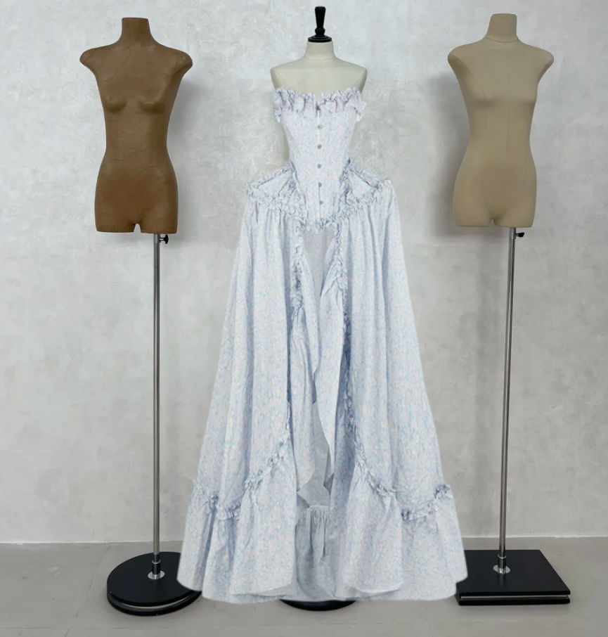 Glamorous Floral Prom Dress Blue Ruffled A-Line Evening Dress D0312
