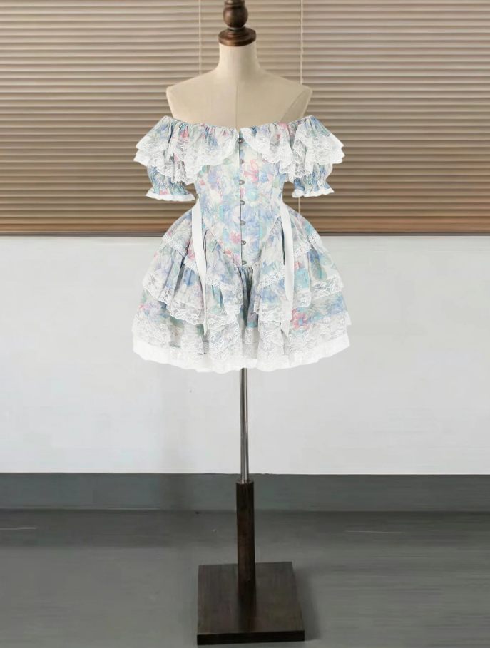 Ornate Off-Shoulder Homecoming Dress Floral Tiered Lace A-Line Birthday Dress D0313
