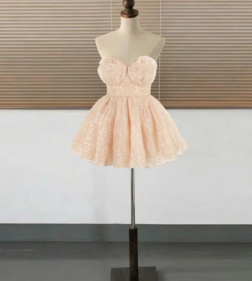 Unique Strapless Homecoming Dress Beige Sequins A-Line Birthday Dress D0364