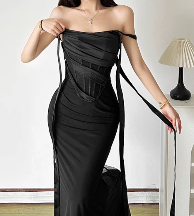 Chic Off The Shoulder Prom Dress Black Mermaid Evening Dress D0372
