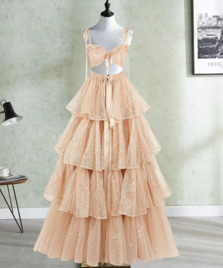Attractive Spaghetti Straps Prom Dress Beige Sequins Tiered A-Line Evening Dress D0413