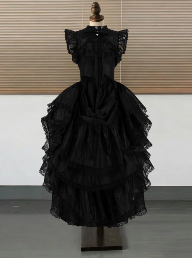 Vintage Sleeveless Prom Dress Black Lace Tiered A-Line Evening Dress D0415