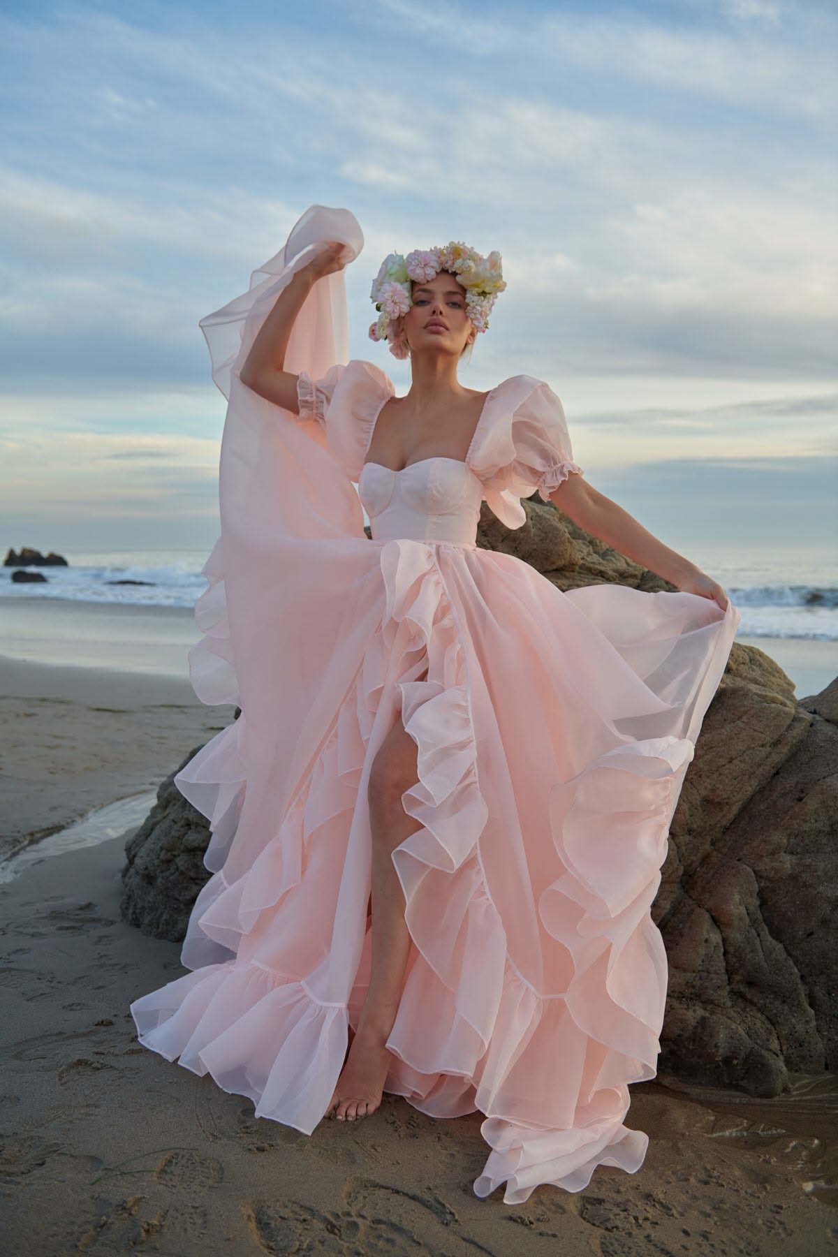 Robe de bal de princesse bustier à volants en satin long, robe de soirée C8117