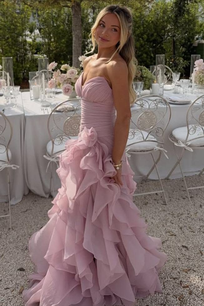 Sweet Strapless Prom Dress Purple Ruffles Mermaid Evening Dress D0443