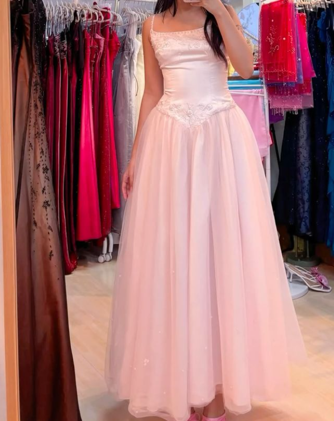 Trendy Spaghetti Straps Prom Dress Pink Sequins Tulle A-Line Evening Dress D0446