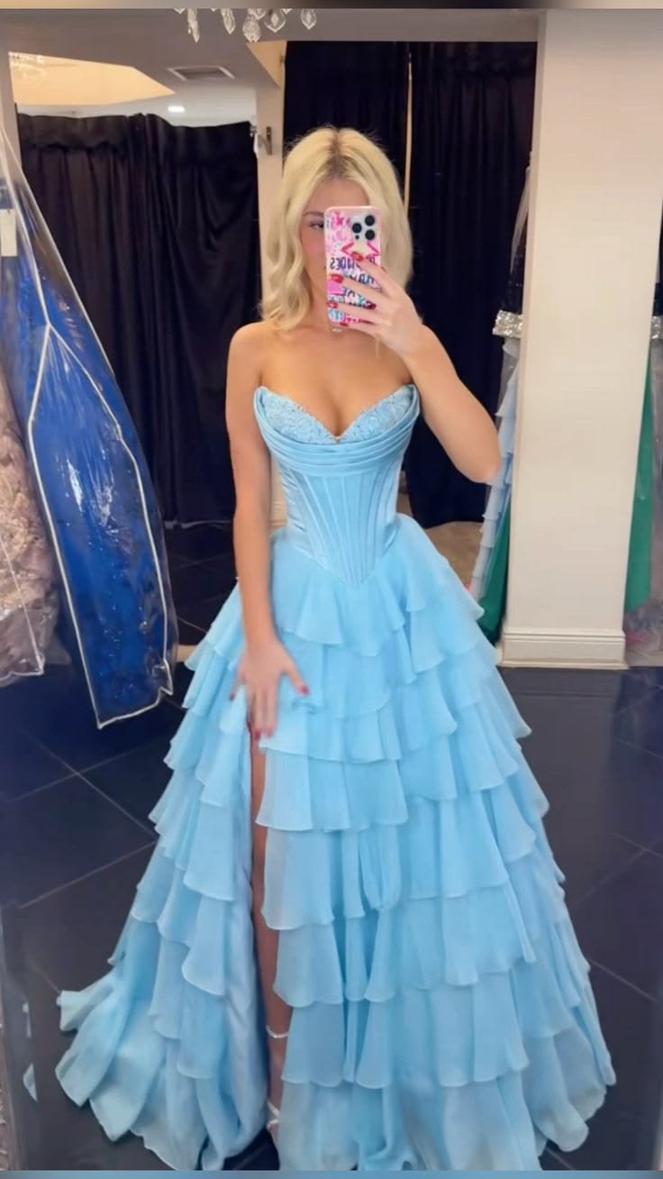 Retro Strapless Blue Prom Dress Sequins Tiered A-Line Evening Dress D0451