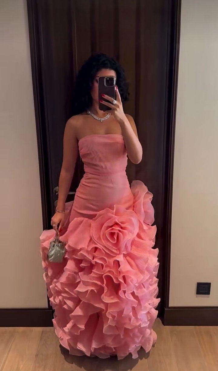 Gorgeous Strapless Floral Homecoming Dress Pink Ruffles Sheath Birthday Dress D0466