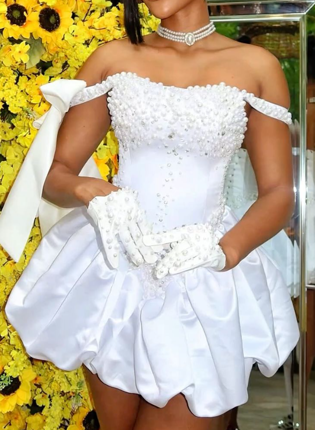 Graceful Off The Shoulder Homecoming Dress White Pearls Bows A-Line Birthday Dress D0482