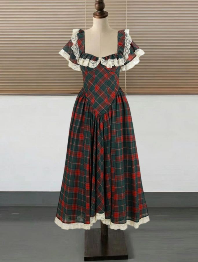 Enchanting Square Neck Homecoming Dress Lace Ruffles Plaid A-Line Birthday Dress D0488