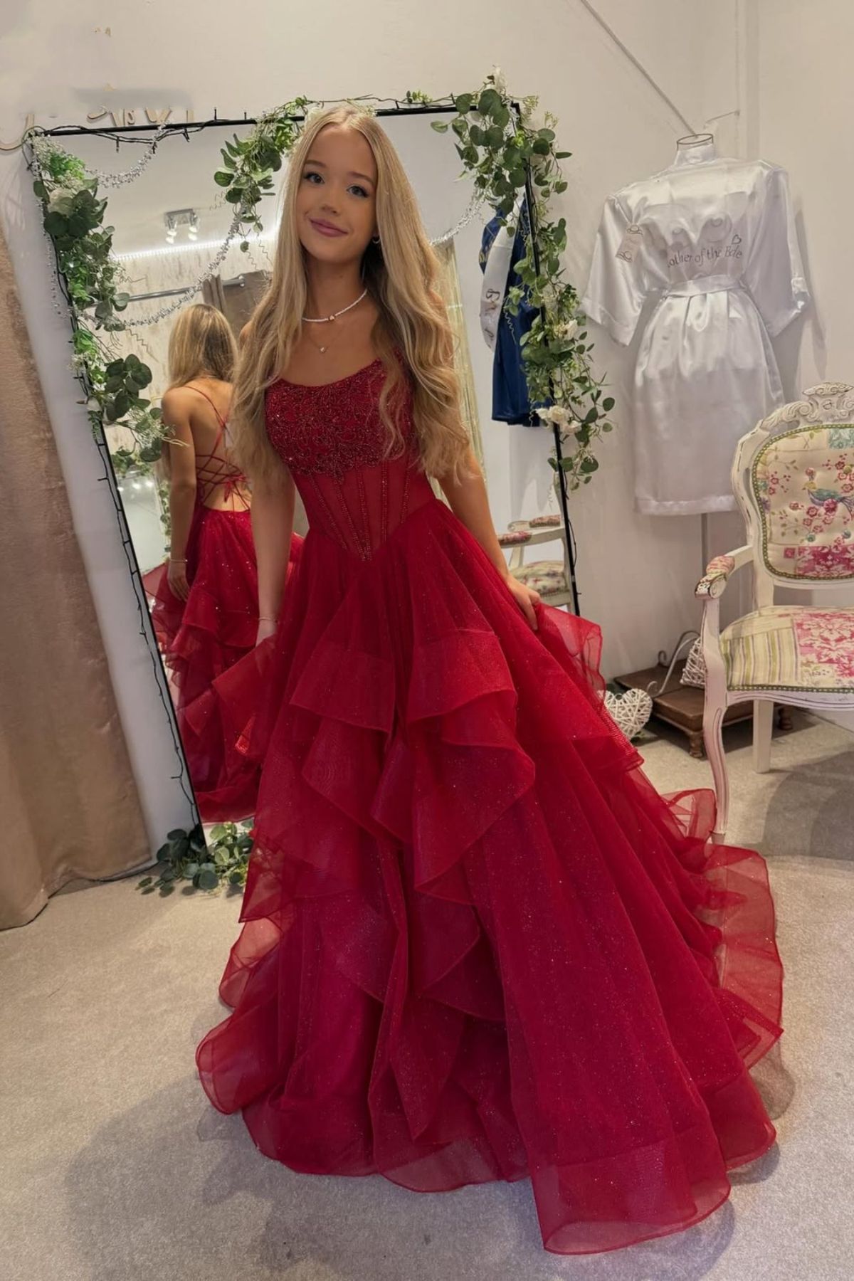 Gorgeous Spaghetti Straps Prom Dress Sequins Ruffles A-Line Evening Dress D0531