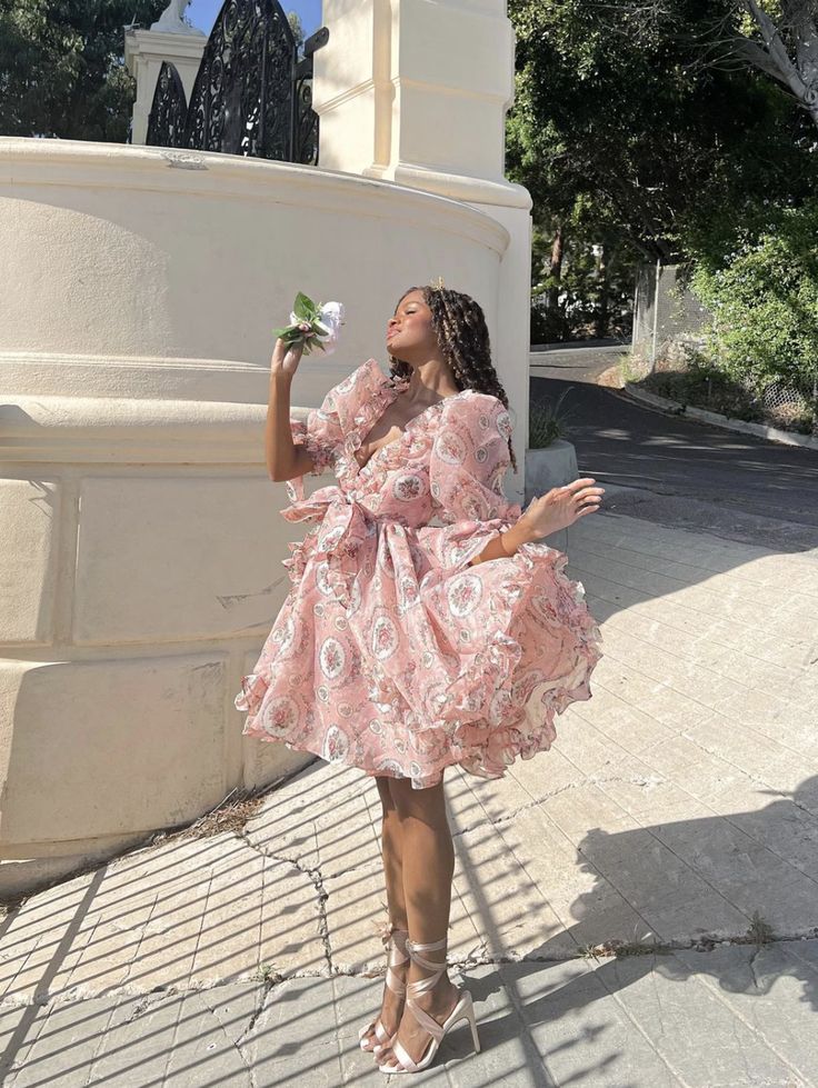Playful V Neck Pink Homecoming Dress Floral Short Sleeve A-Line Birthday Dress D0548
