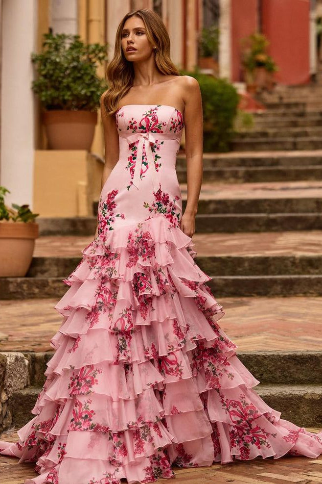 Adorable Strapless Pink Prom Dress Floral Ruffles Tiered Mermaid Evening Dress D0574
