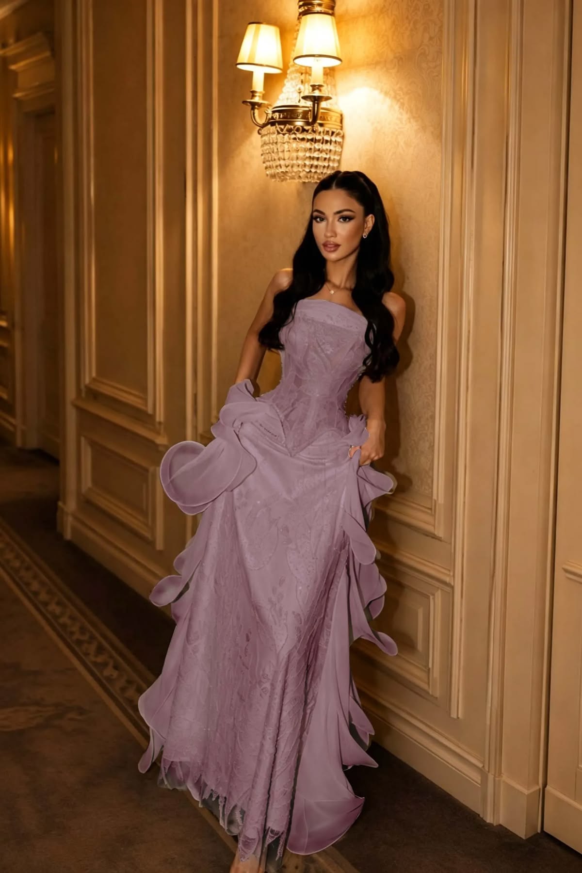 Robe de bal de princesse bustier à volants en satin long, robe de soirée C8117