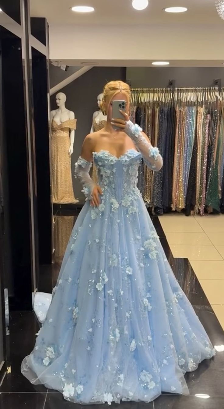Glam Strapless Blue Tulle Prom Dress Appliques Sequins A-Line Evening Dress D0587