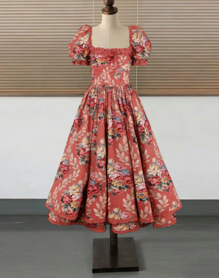 Retro Square Neck Pink Prom Dress Floral Long Sleeve A-Line Evening Dress D0591