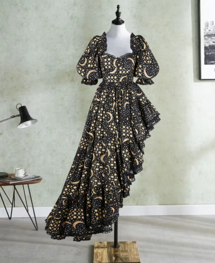 Playful Square Neck Black Prom Dress Floral Ruffles Short Sleeve A-Line Evening Dress D0592