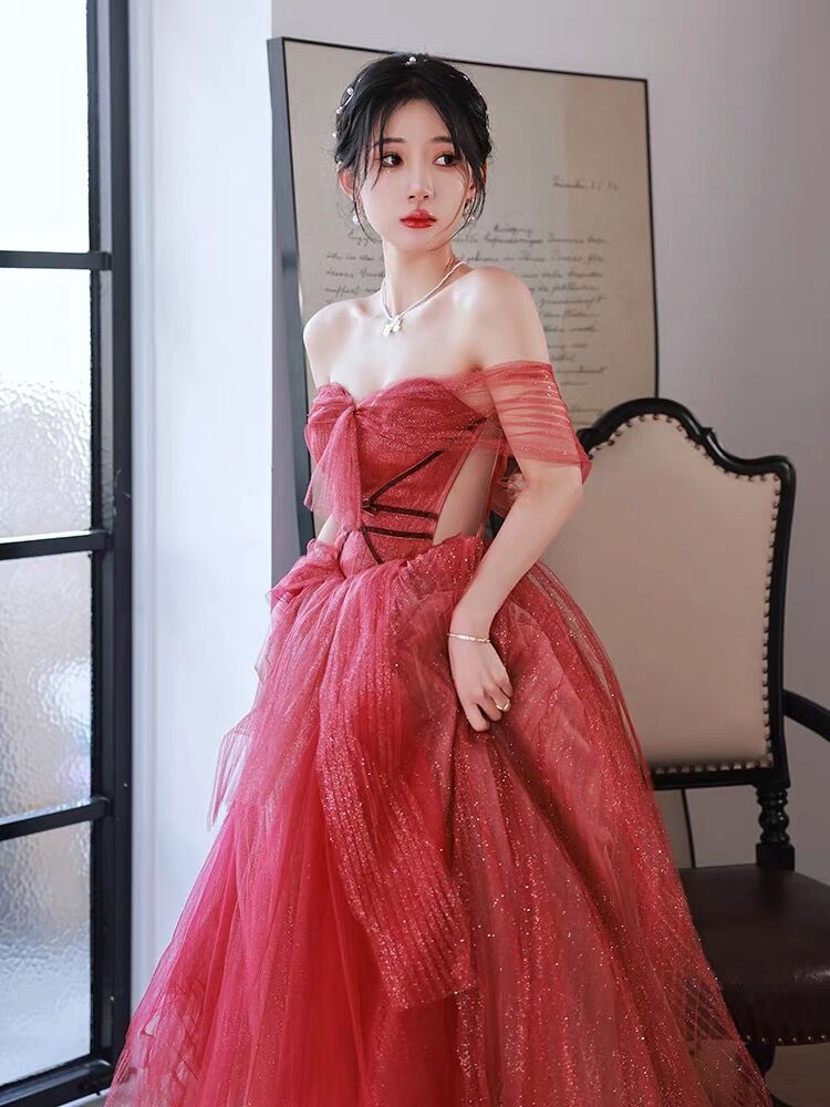 Simple A line Off The Shoulder Long Red Tulle Prom Dresses D060