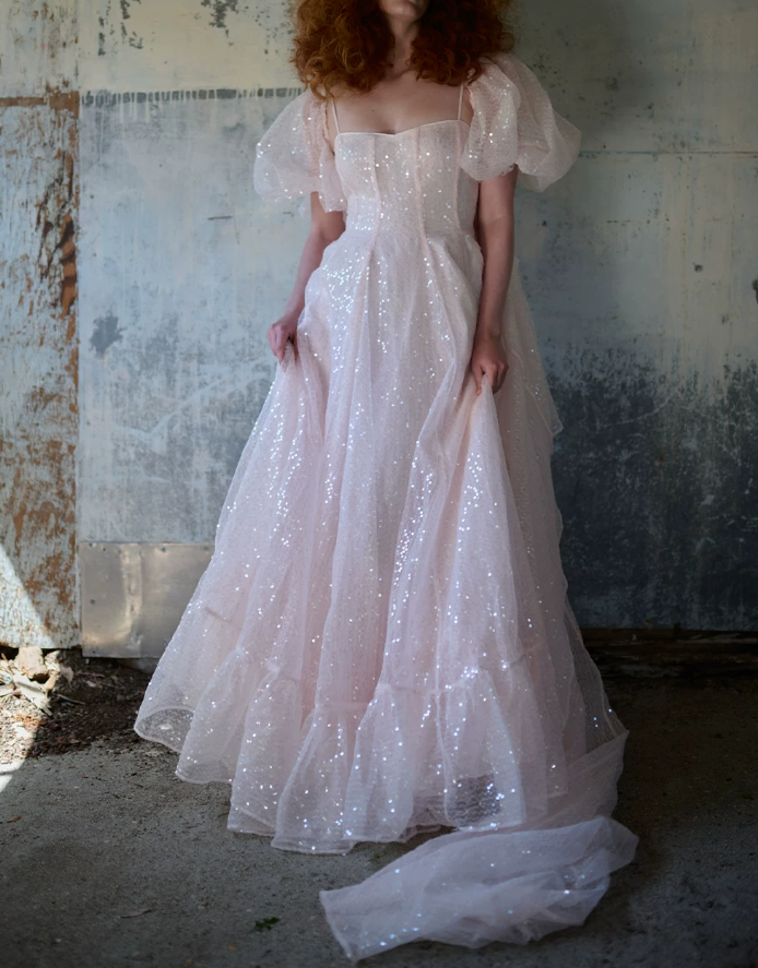Sweet Spaghetti Strap Prom Dress With Short Sleeve Train Pink Sequins A-Line Evening Dress D0623