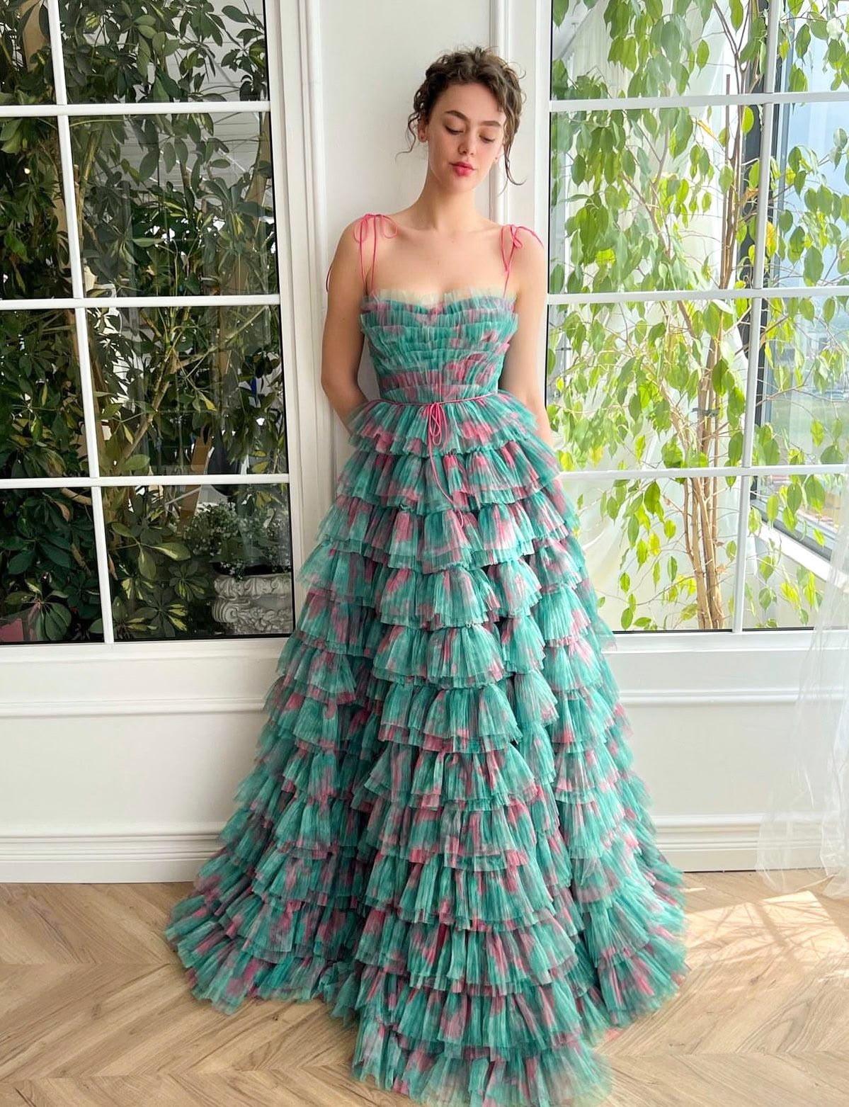 Attractive Spaghetti Straps Floral Prom Dress Long Green Tiered A-Line Evening Dress D0690