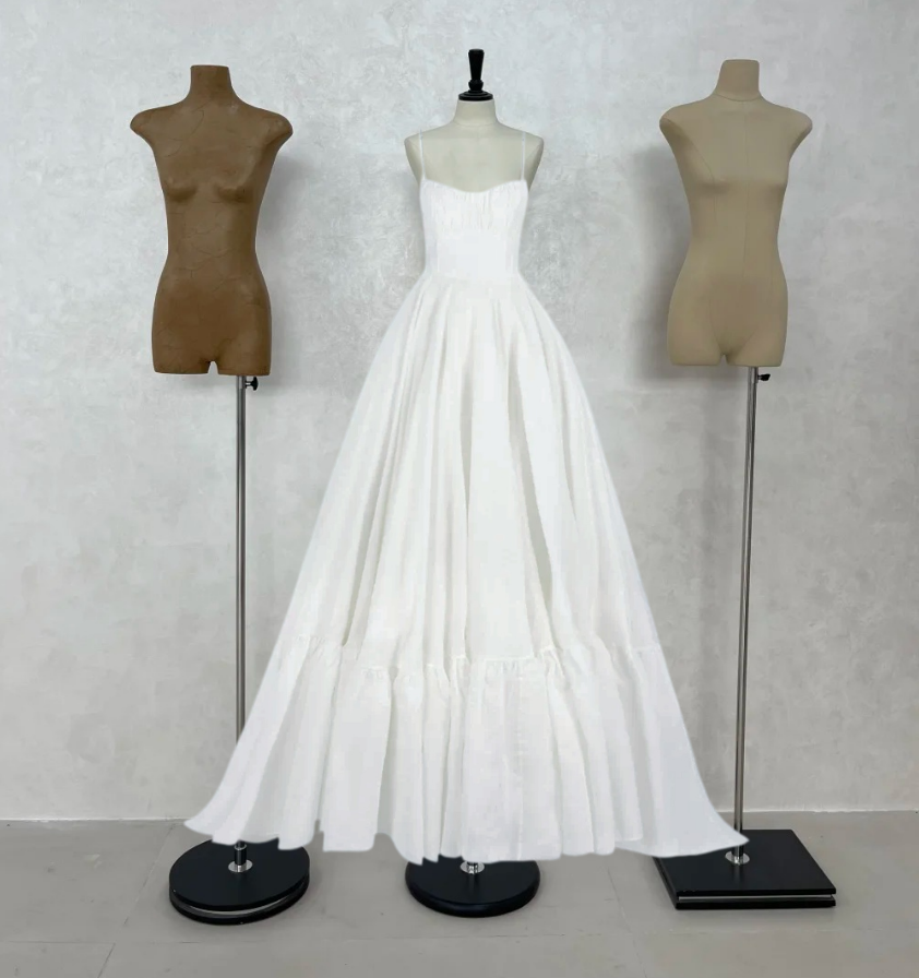 Alluring Spaghetti Strap Wedding Dresses White Ruffles A-Line Bridal Dress D0691