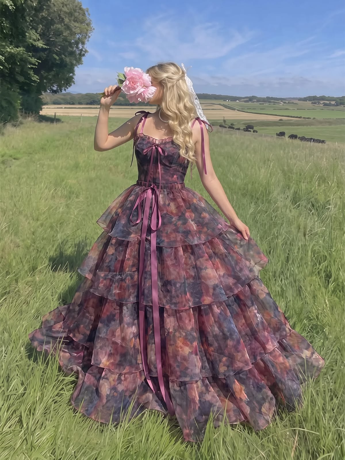 Romantic Spaghetti Straps Floral Prom Dress Long Purple Tiered A-Line Evening Dress D0703