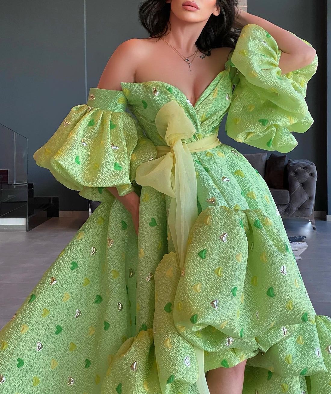 Unique Off The Shoulder Prom Dress Green Ruffled A-Line Evening Dress D0704