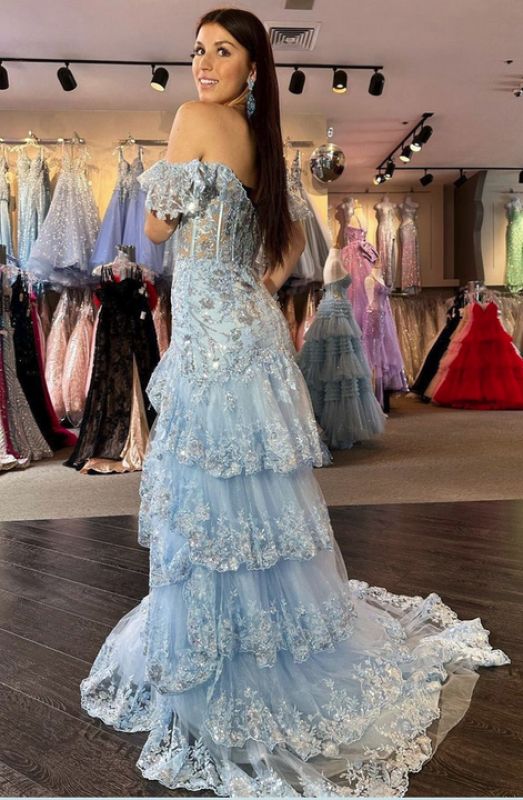 Unique Off The Shoulder Slit Prom Dress Long Sequins Tiered Mermaid Evening Dress D0707
