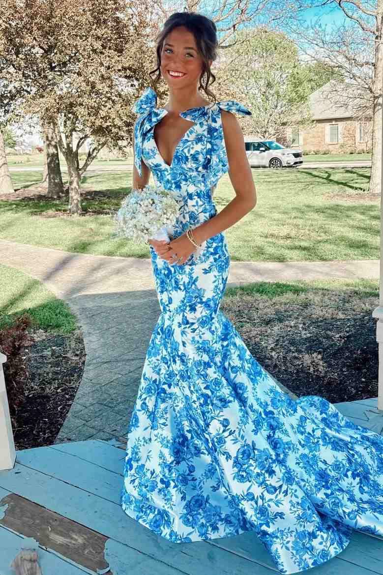 Vintage V Neck Long Prom Dress Blue Floral Mermaid Evening Dress D0708