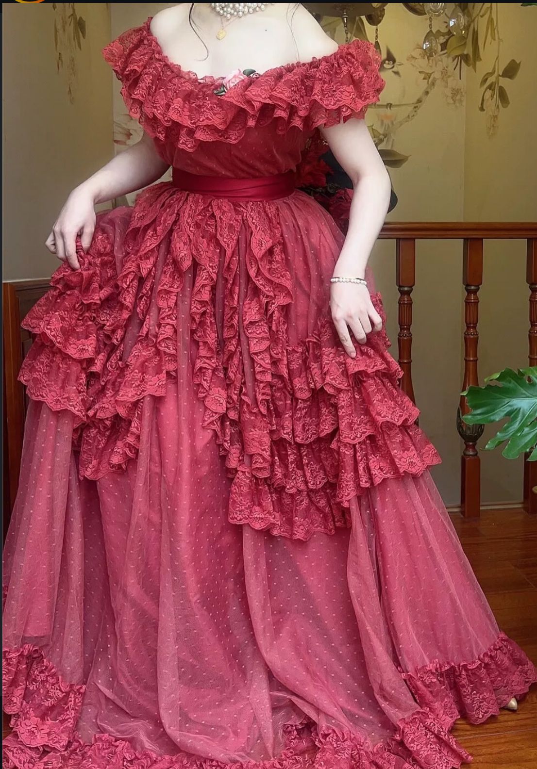 Alluring Off The Shoulder Prom Dress Red Lace Ruffles A-Line Evening Dress D0715