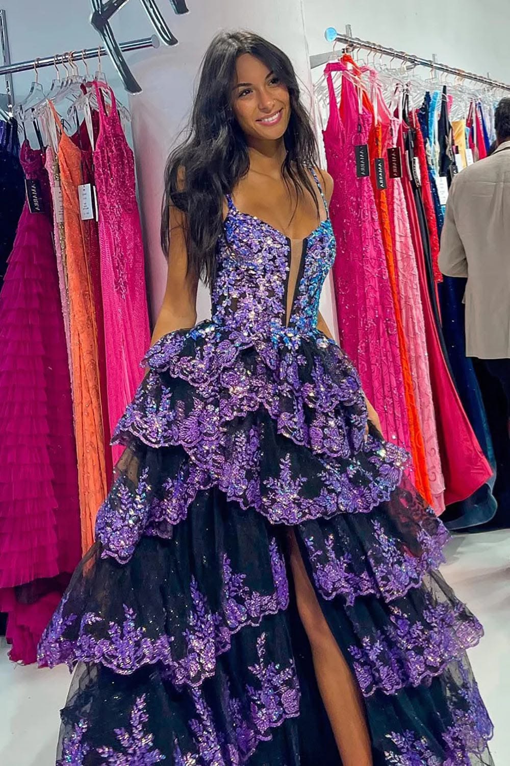 Fascinating Spaghetti Straps Prom Dress Purple Sequins Slit Tiered A-Line Evening Dress D0717