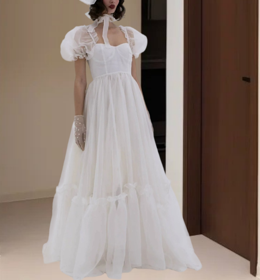 Trendy Square Neck Wedding Dresses White Ruffled Short Sleeve A-Line Bridal Dress D0718
