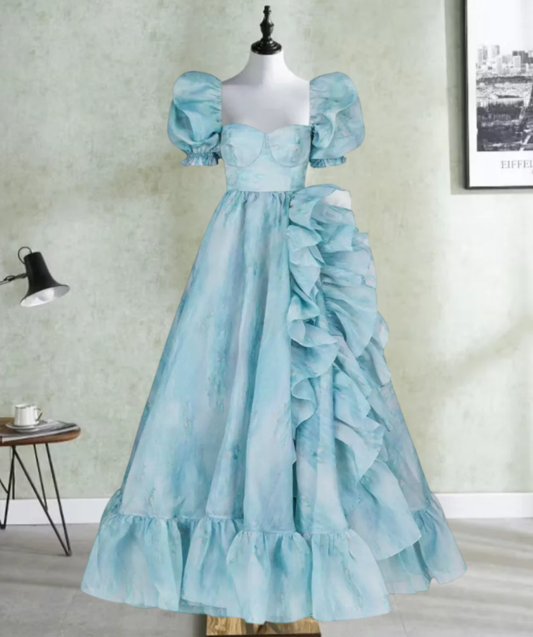 Classical Square Neck Blue Slit Prom Dress Ruffles Short Sleeve A-Line Evening Dress D0721