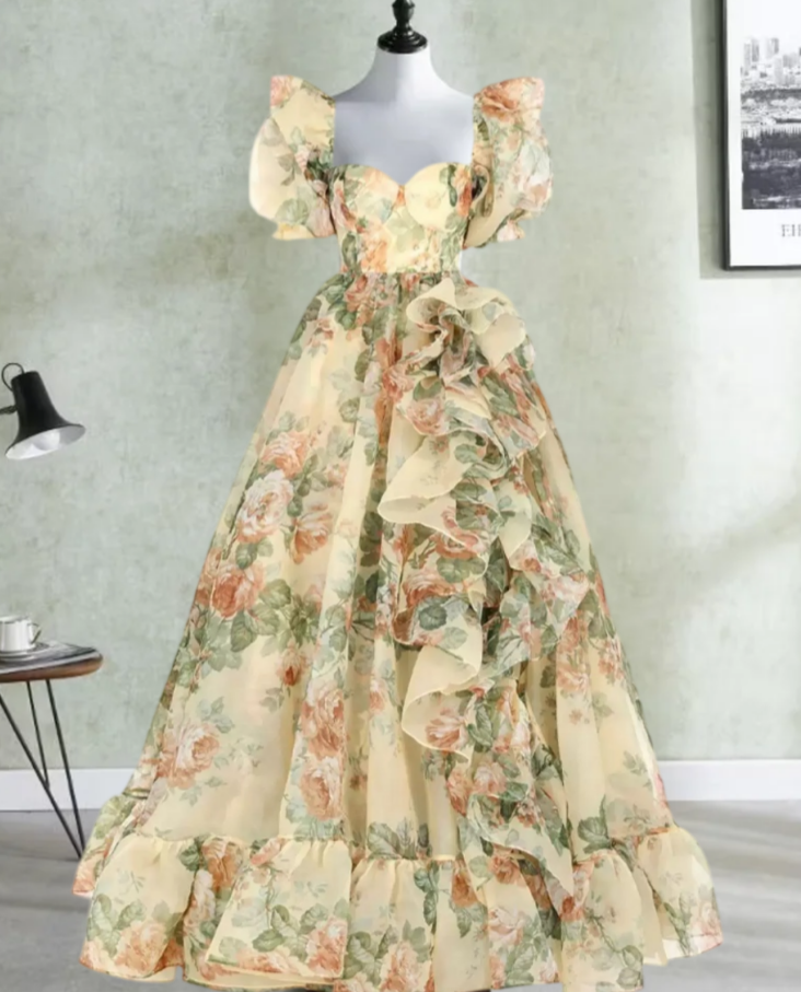 Romantic Square Neck Floral Prom Dress Ruffles Short Sleeve A-Line Evening Dress D0722