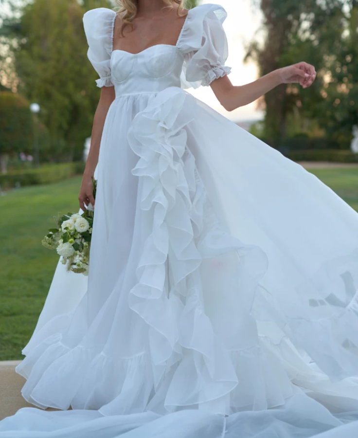 Unique Square Neck Wedding Dresses White Ruffled Short Sleeve A-Line Bridal Dress D0725