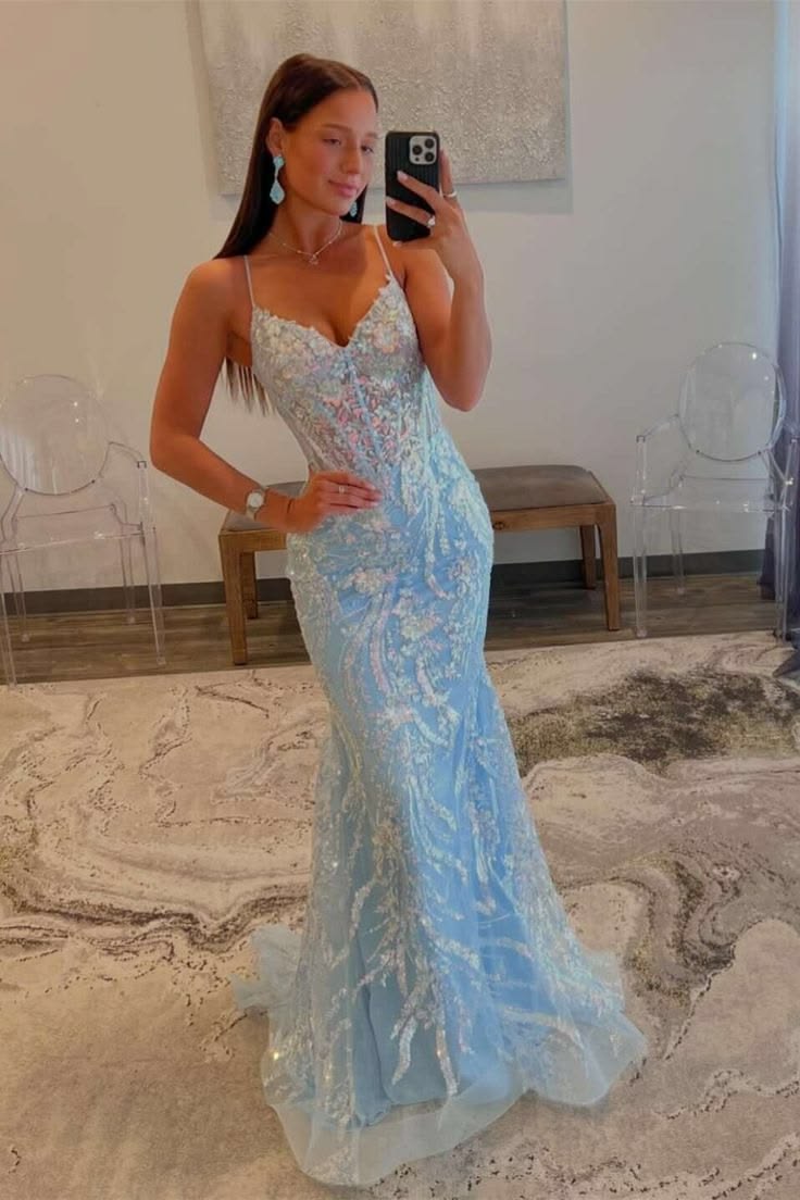 Fascinating Spaghetti Straps Long Prom Dress Blue Sequins Mermaid Evening Dress D0731
