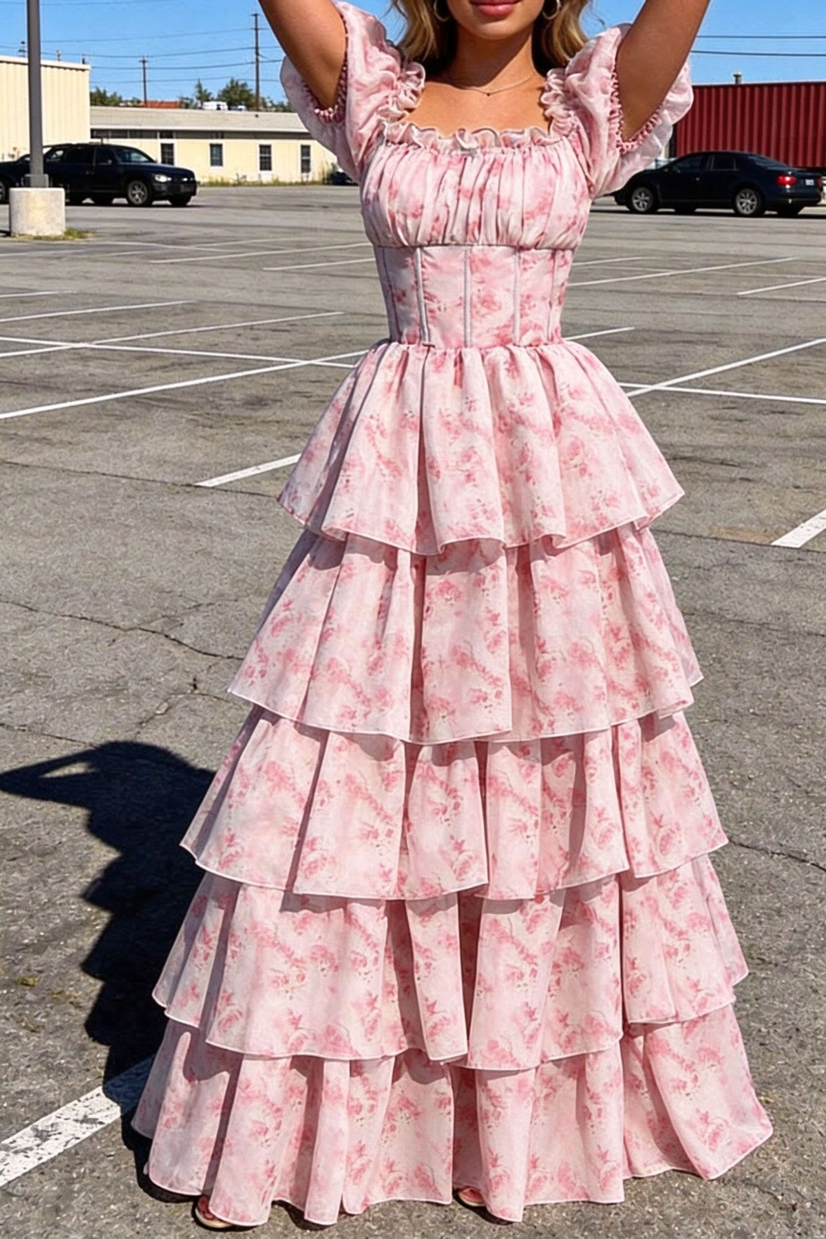 Adorable Short Sleeve Pink Prom Dress Floral Tiered A-Line Evening Dress D0742