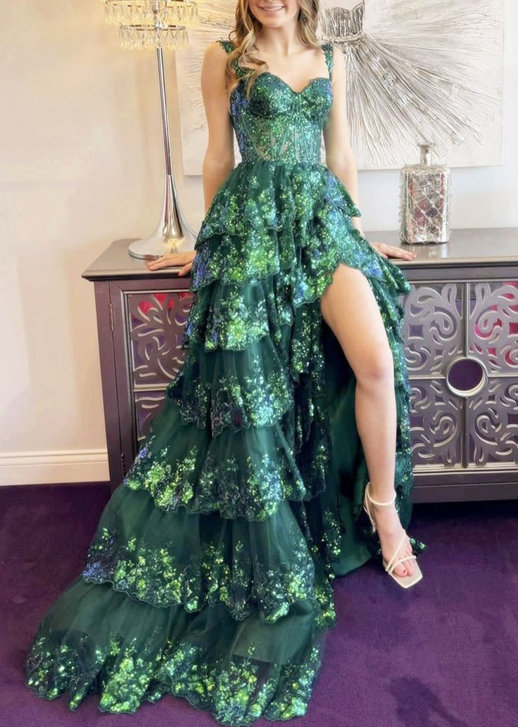 Glittering Off The Shoulder Slit Prom Dress Green Sequins Tiered A-Line Evening Dress D0743