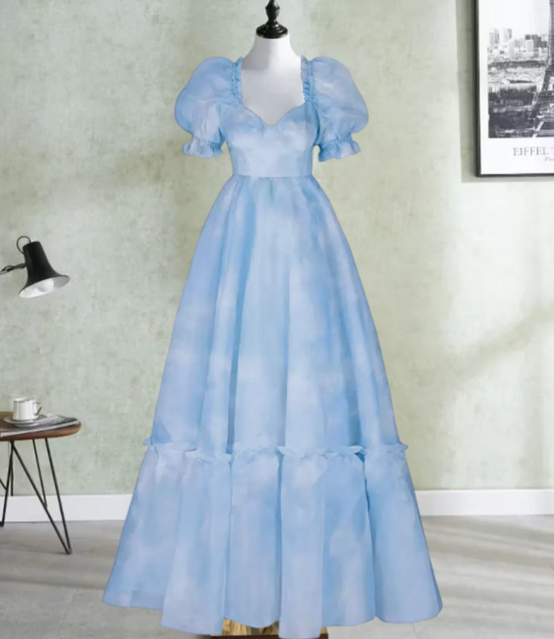 Cute Square Neck Blue Prom Dress Tie-Dye Short Sleeve Ruffles A-Line Evening Dress D0749
