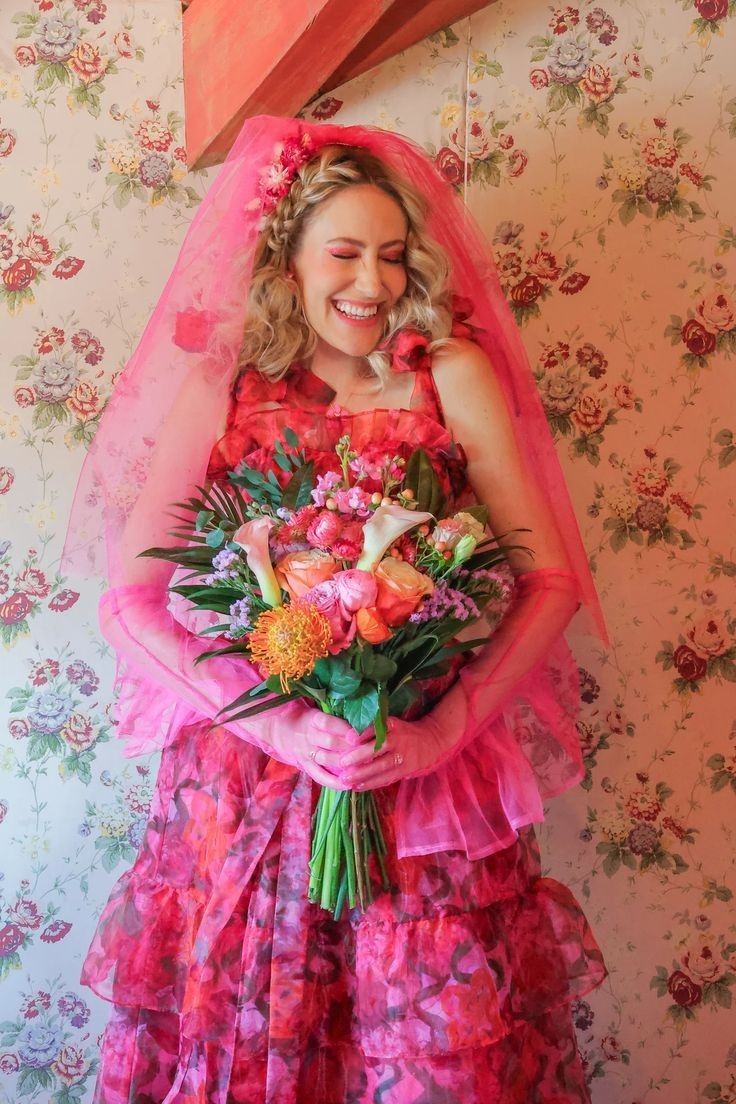 Playful Spaghetti Straps Tiered Prom Dress Pink Ruffles Floral A-Line Evening Dress D0753