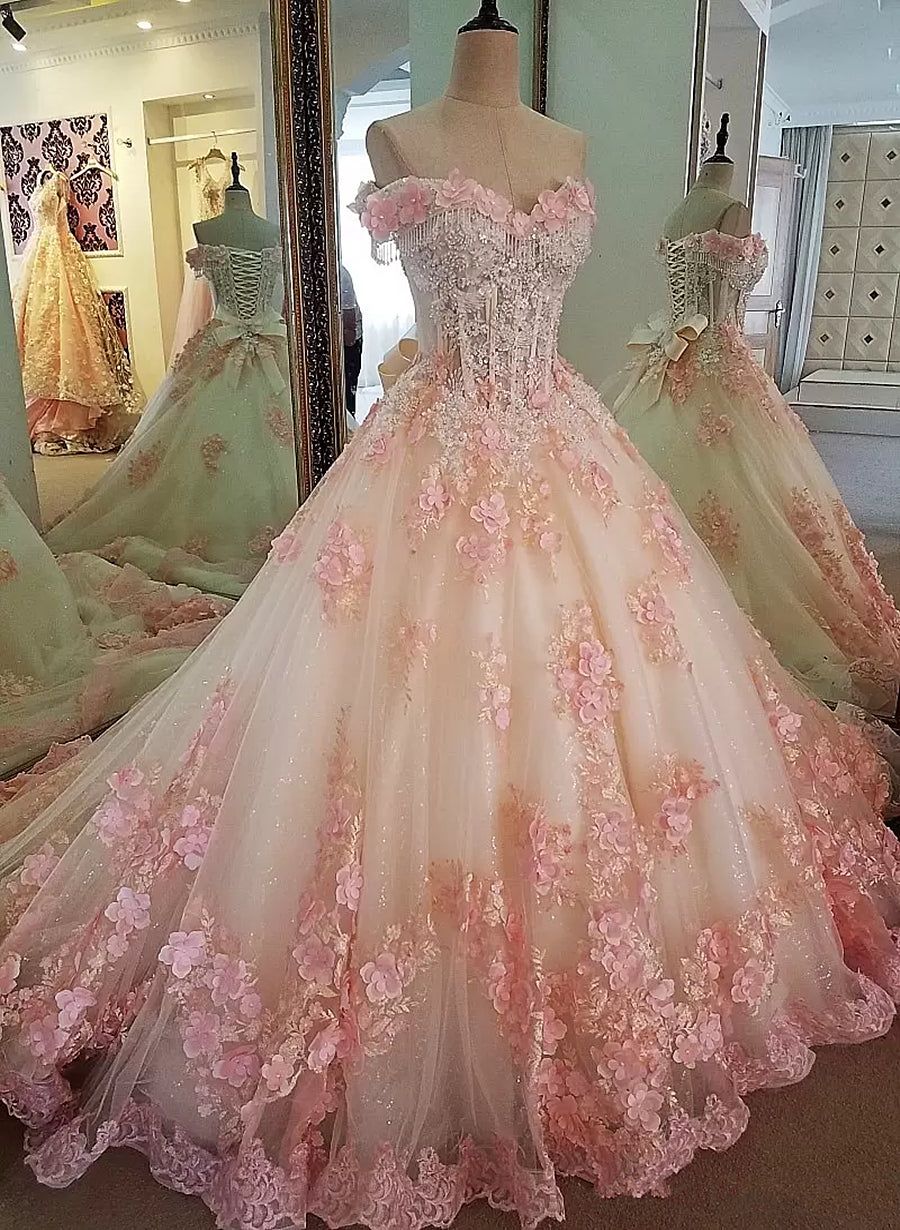 Luxury Off The Shoulder Ball Gown Pink Appliques Quinceanera Dresses Tassel Beaded Sweet 16 Dresses D0758