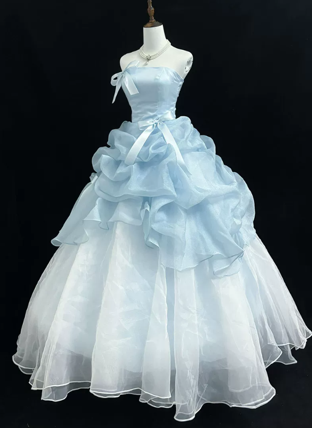 Graceful Strapless Blue Prom Dress Ruffles Bows A-Line Evening Dress D0770