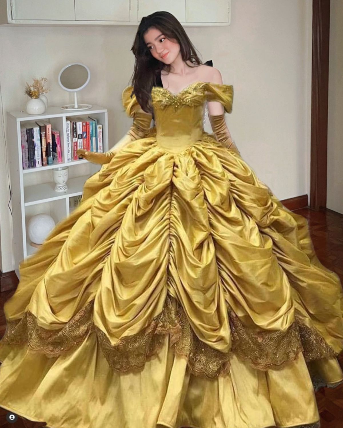 Ornate Off The Shoulder Ball Gown Yellow Beaded Quinceanera Dresses Satin Lace Sweet 16 Dresses D0779