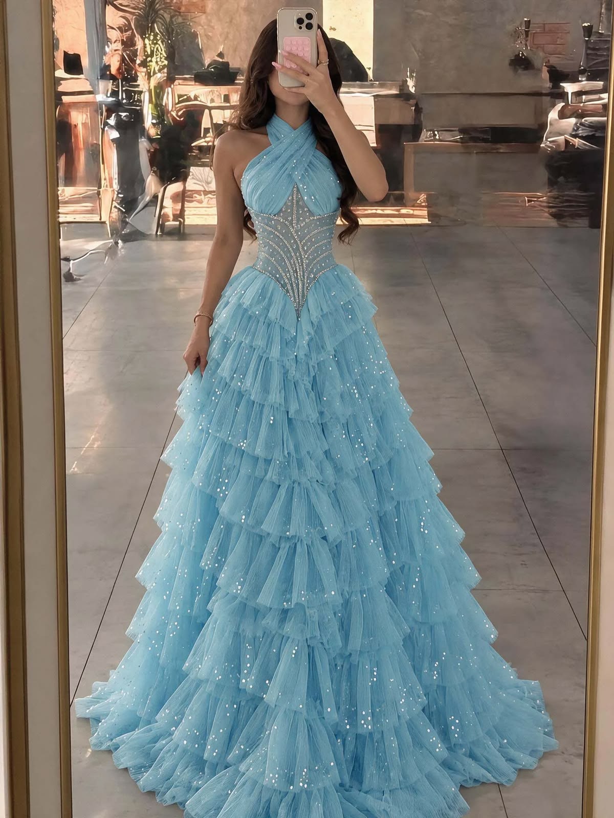 Dreamy Halter Neck Blue Prom Dress Beaded Tiered A-Line Evening Dress D0785